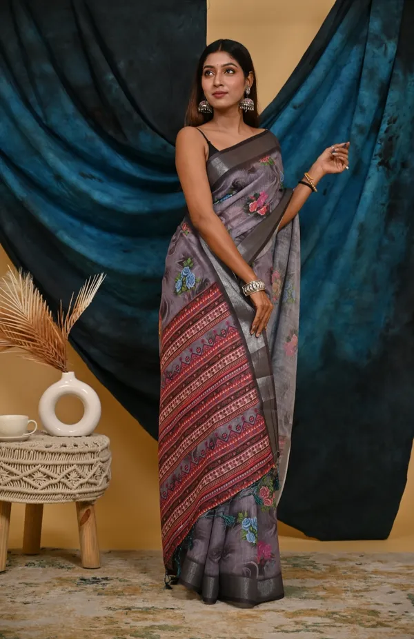 Grey_Cotton_Linen_Digital_Print_Saree_With_Unstitched_Blouse_Piece