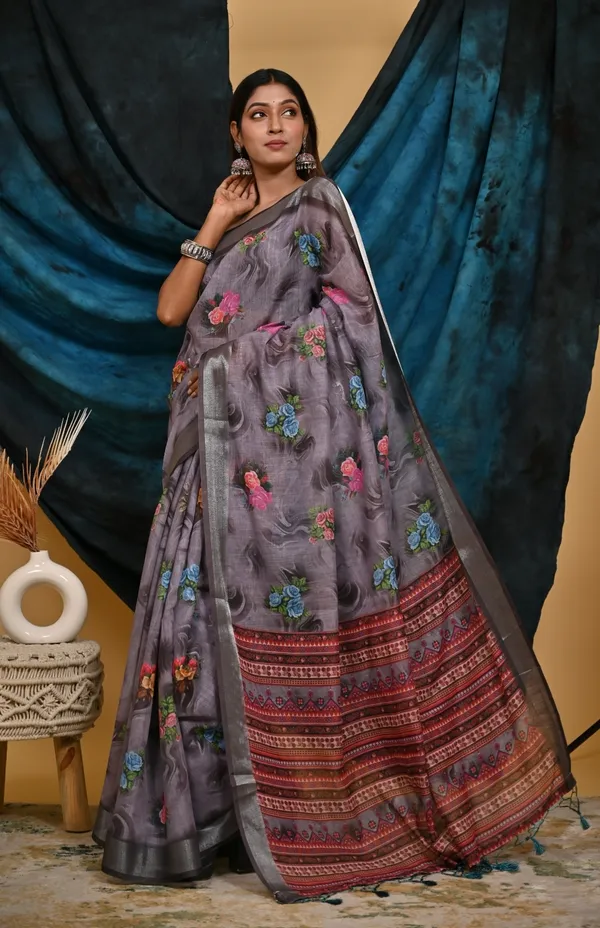 Grey_Cotton_Linen_Digital_Print_Saree_With_Unstitched_Blouse_Piece