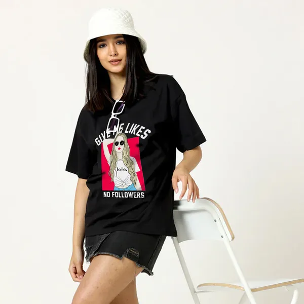 Black_Cotton_Blend_Printed_Round_Neck_Half_Sleeve_Oversized_T-Shirt_For_Women