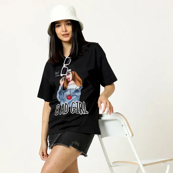 Black_Cotton_Blend_Printed_Round_Neck_Half_Sleeve_Oversized_T-Shirt_For_Women