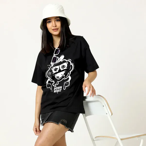 Black_Cotton_Blend_Printed_Round_Neck_Half_Sleeve_Oversized_T-Shirt_For_Women
