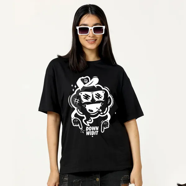 Black_Cotton_Blend_Printed_Round_Neck_Half_Sleeve_Oversized_T-Shirt_For_Women