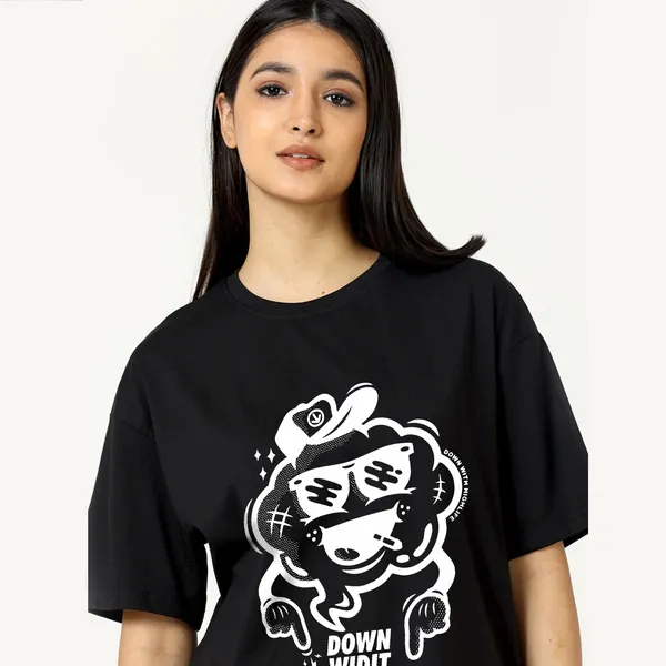 Black_Cotton_Blend_Printed_Round_Neck_Half_Sleeve_Oversized_T-Shirt_For_Women