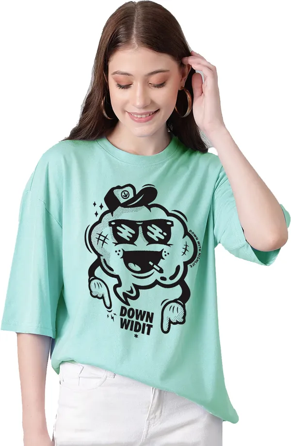 Green_Cotton_Blend_Printed_Round_Neck_Half_Sleeve_Oversized_T-Shirt_For_Women
