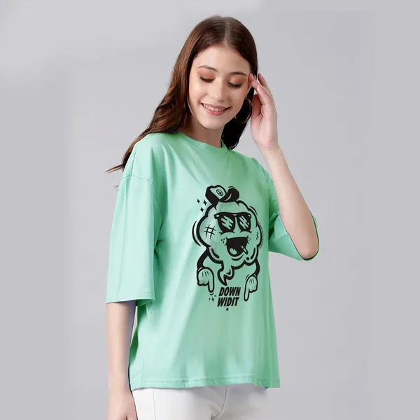 Green_Cotton_Blend_Printed_Round_Neck_Half_Sleeve_Oversized_T-Shirt_For_Women