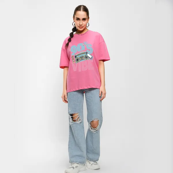 Pink_Cotton_Blend_Printed_Round_Neck_Half_Sleeve_Oversized_T-Shirt_For_Women