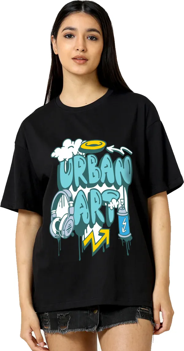 Black_Cotton_Blend_Printed_Round_Neck_Half_Sleeve_Oversized_T-Shirt_For_Women