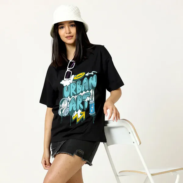 Black_Cotton_Blend_Printed_Round_Neck_Half_Sleeve_Oversized_T-Shirt_For_Women