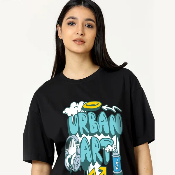 Black_Cotton_Blend_Printed_Round_Neck_Half_Sleeve_Oversized_T-Shirt_For_Women