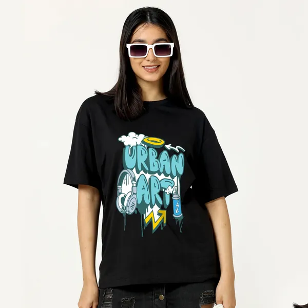 Black_Cotton_Blend_Printed_Round_Neck_Half_Sleeve_Oversized_T-Shirt_For_Women