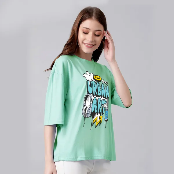 Green_Cotton_Blend_Printed_Round_Neck_Half_Sleeve_Oversized_T-Shirt_For_Women