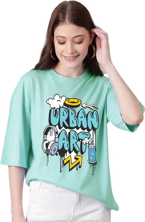 Green_Cotton_Blend_Printed_Round_Neck_Half_Sleeve_Oversized_T-Shirt_For_Women