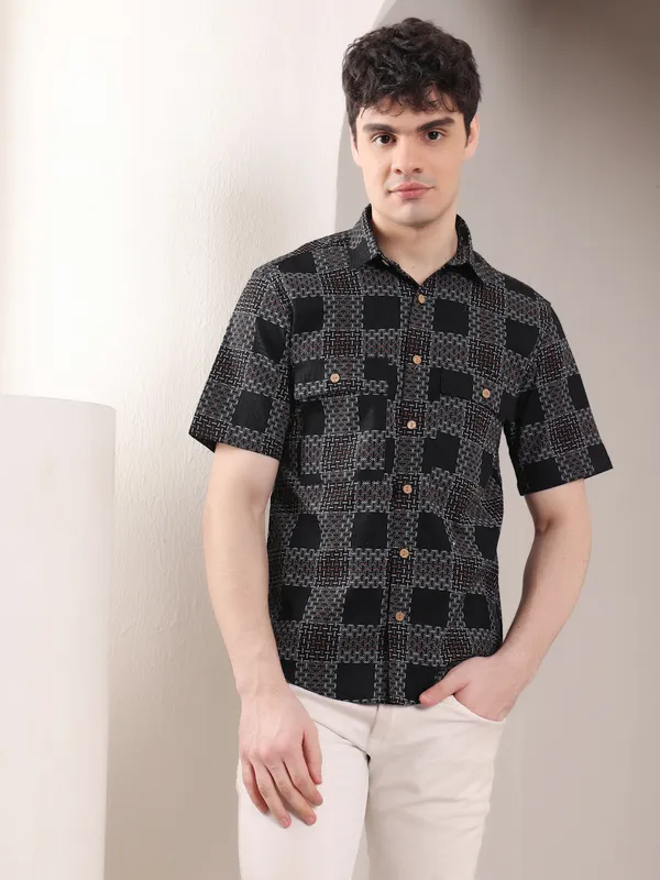 Black_&_Golden_Half_Sleeve_Checked_Summer_Shirt_For_Men