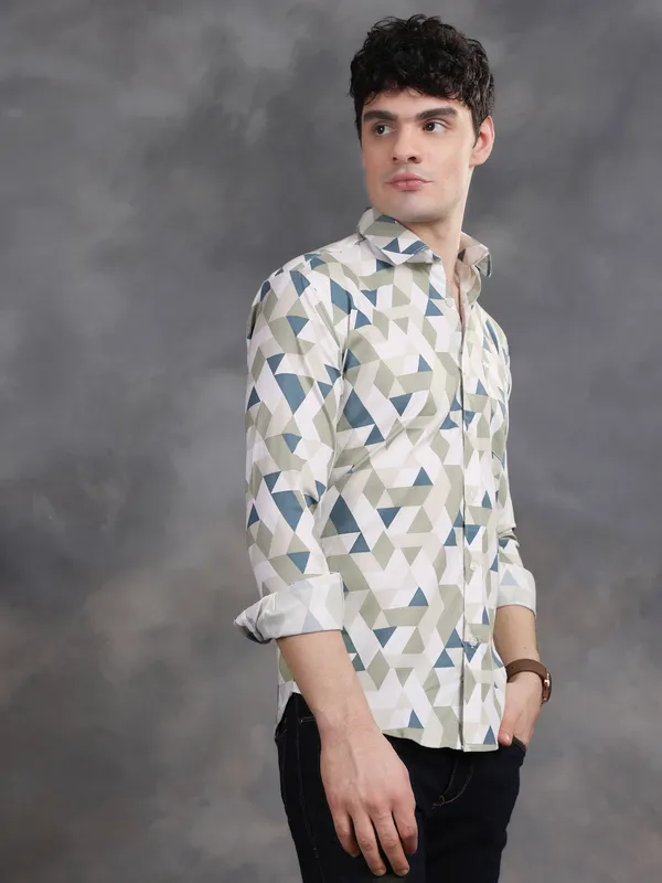 Olive_Green_&_White_Triangle_Lycra_Print_Cotton_Shirt_For_Men