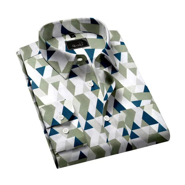 Olive_Green_&_White_Triangle_Lycra_Print_Cotton_Shirt_For_Men