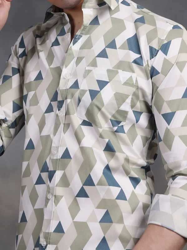 Olive_Green_&_White_Triangle_Lycra_Print_Cotton_Shirt_For_Men