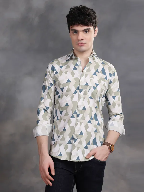 Olive_Green_&_White_Triangle_Lycra_Print_Cotton_Shirt_For_Men