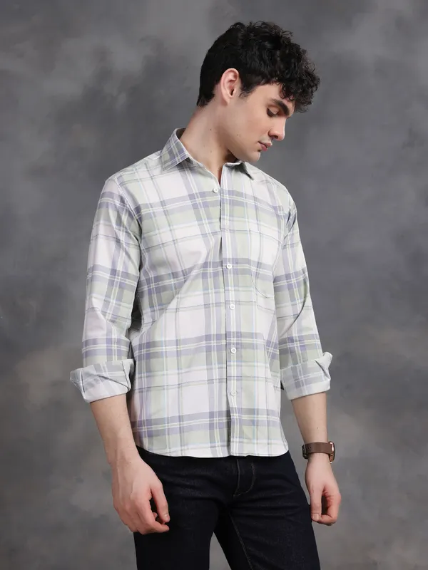 Light_Green_&_White_Glen_Lycra_Check_Shirt_For_Men