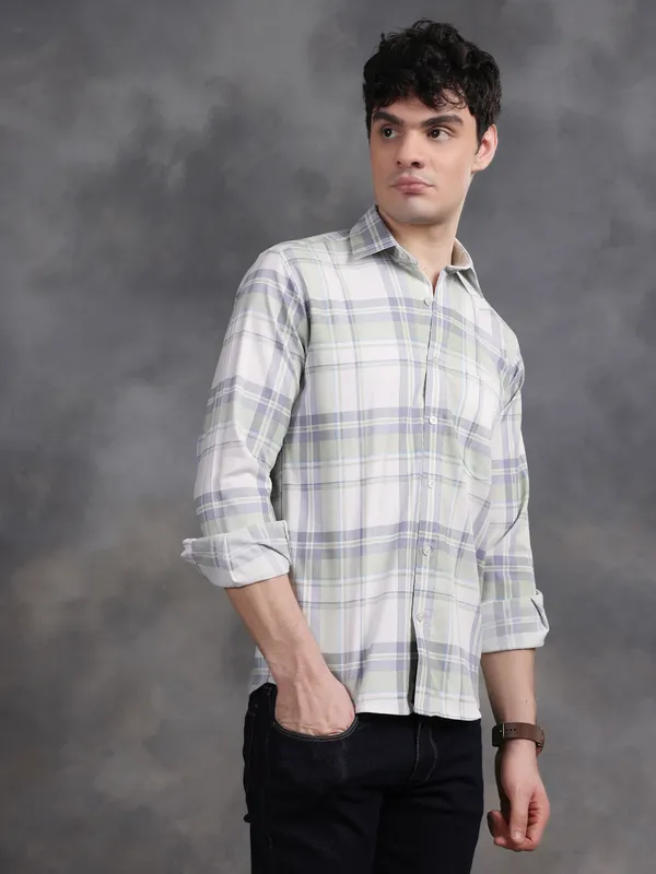 Light_Green_&_White_Glen_Lycra_Check_Shirt_For_Men