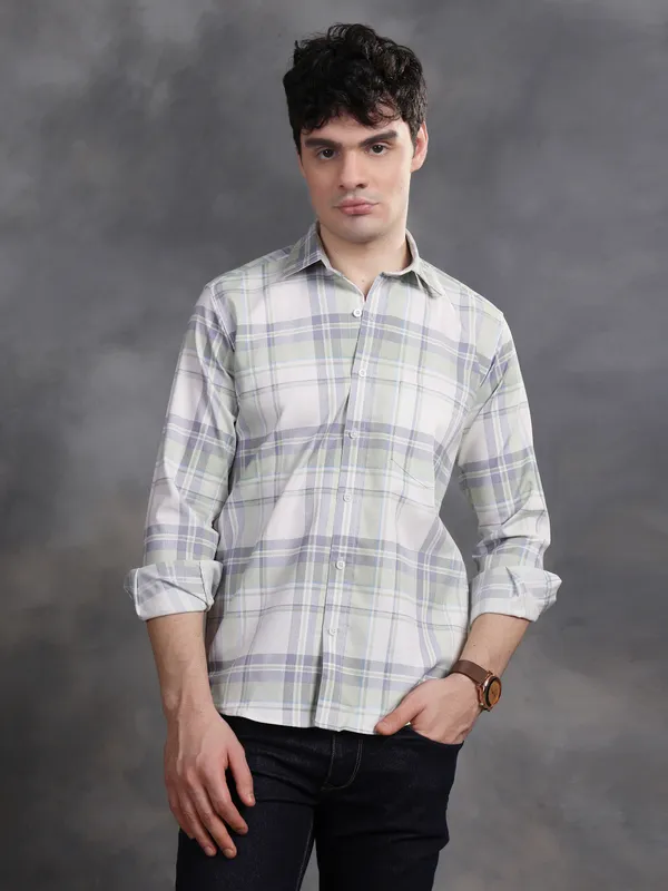 Light_Green_&_White_Glen_Lycra_Check_Shirt_For_Men