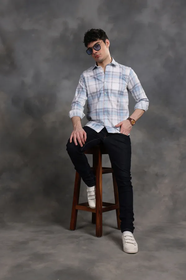 Elegant_Blue_&_White_Glen_Lycra_Check_Shirt_For_Men