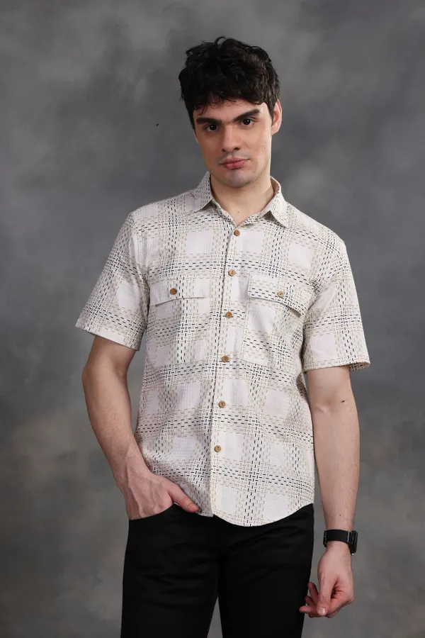 White_&_Black_Vintage_Half_Sleeve_Checked_Summer_Shirt_For_Men