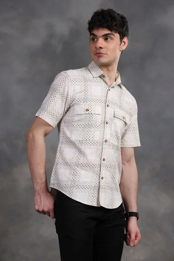 White_&_Black_Vintage_Half_Sleeve_Checked_Summer_Shirt_For_Men