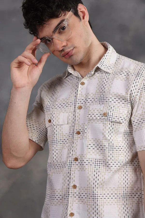 White_&_Black_Vintage_Half_Sleeve_Checked_Summer_Shirt_For_Men