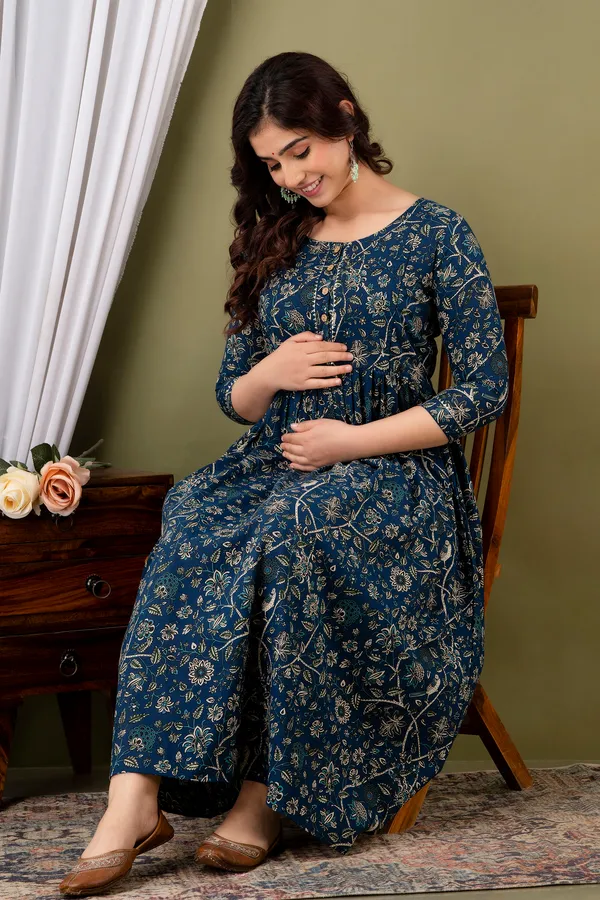 Dark_Blue_Maternity_and_Feeding_Gown_for_women_|_Pure_Cotton_Sanganeri_Print_Gown