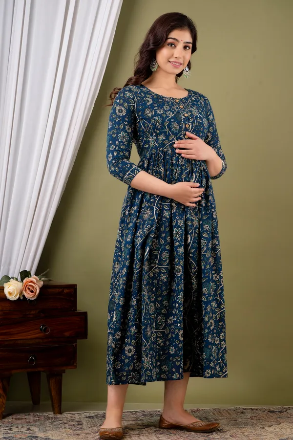 Dark_Blue_Maternity_and_Feeding_Gown_for_women_|_Pure_Cotton_Sanganeri_Print_Gown