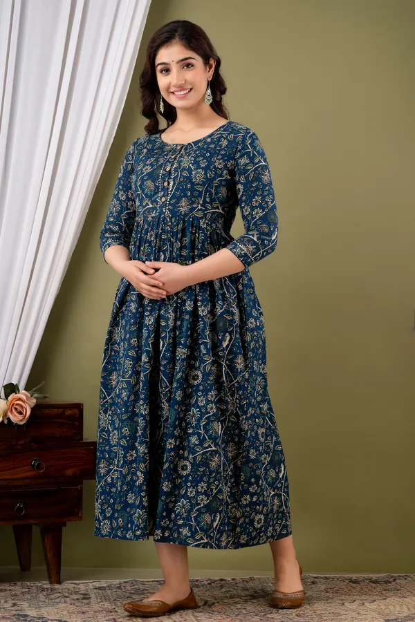 Dark_Blue_Maternity_and_Feeding_Gown_for_women_|_Pure_Cotton_Sanganeri_Print_Gown