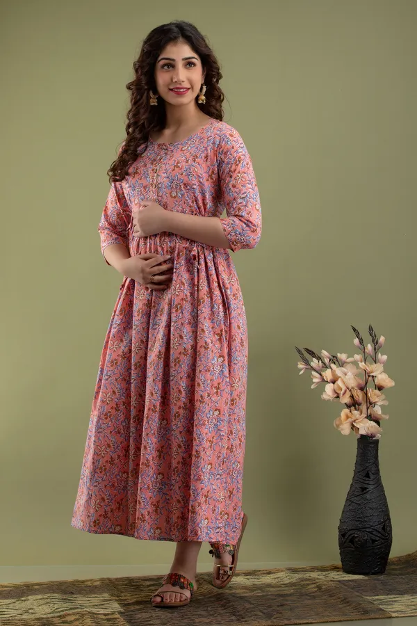 Multicolor_Maternity_and_Feeding_Gown_for_women_|_RAYON_Sanganeri_Print_Gown