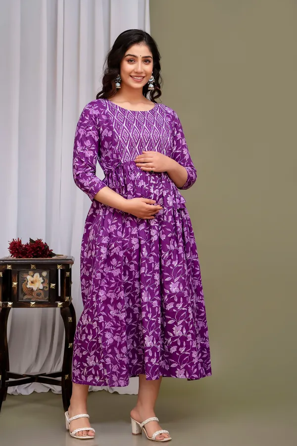 Purple_Maternity_and_Feeding_Gown_for_women_|_Pure_Cotton_Sanganeri_Print_Gown