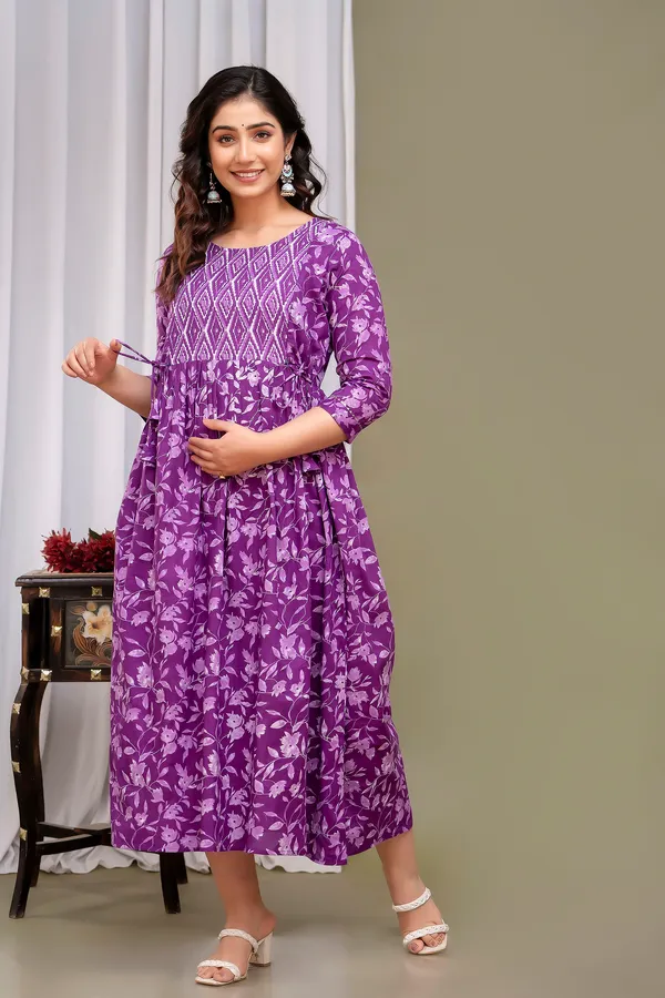 Purple_Maternity_and_Feeding_Gown_for_women_|_Pure_Cotton_Sanganeri_Print_Gown