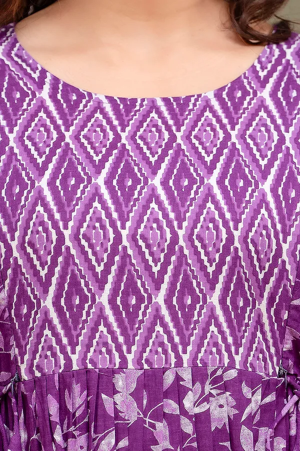 Purple_Maternity_and_Feeding_Gown_for_women_|_Pure_Cotton_Sanganeri_Print_Gown