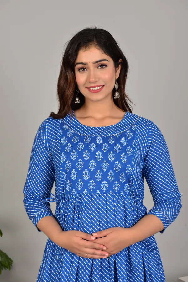 Blue_Maternity_and_Feeding_Gown_for_women_|_Pure_Cotton_Sanganeri_Print_Gown