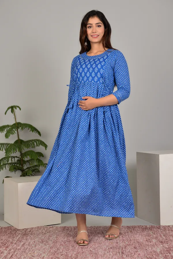 Blue_Maternity_and_Feeding_Gown_for_women_|_Pure_Cotton_Sanganeri_Print_Gown