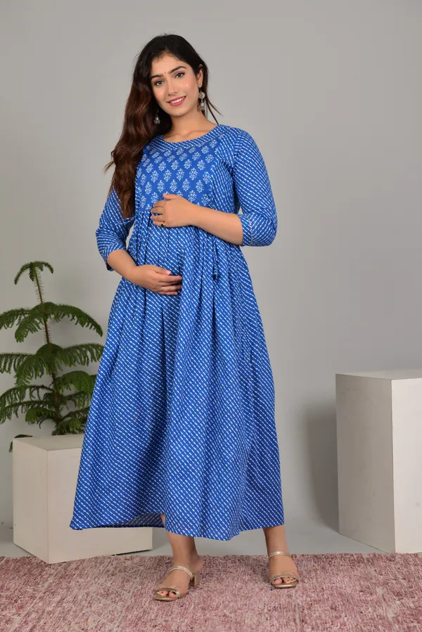 Blue_Maternity_and_Feeding_Gown_for_women_|_Pure_Cotton_Sanganeri_Print_Gown