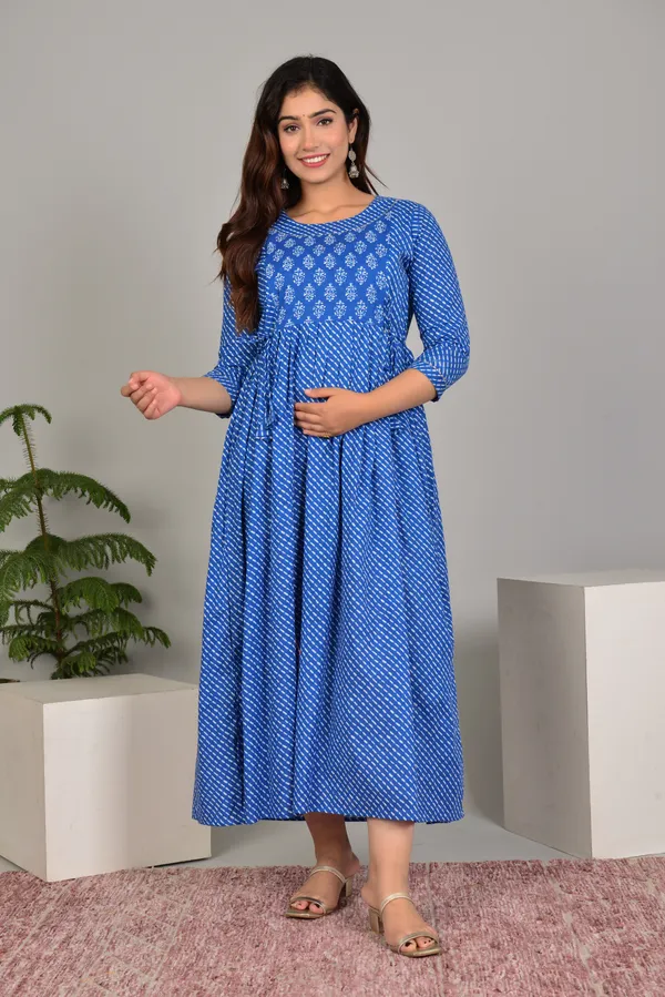 Blue_Maternity_and_Feeding_Gown_for_women_|_Pure_Cotton_Sanganeri_Print_Gown