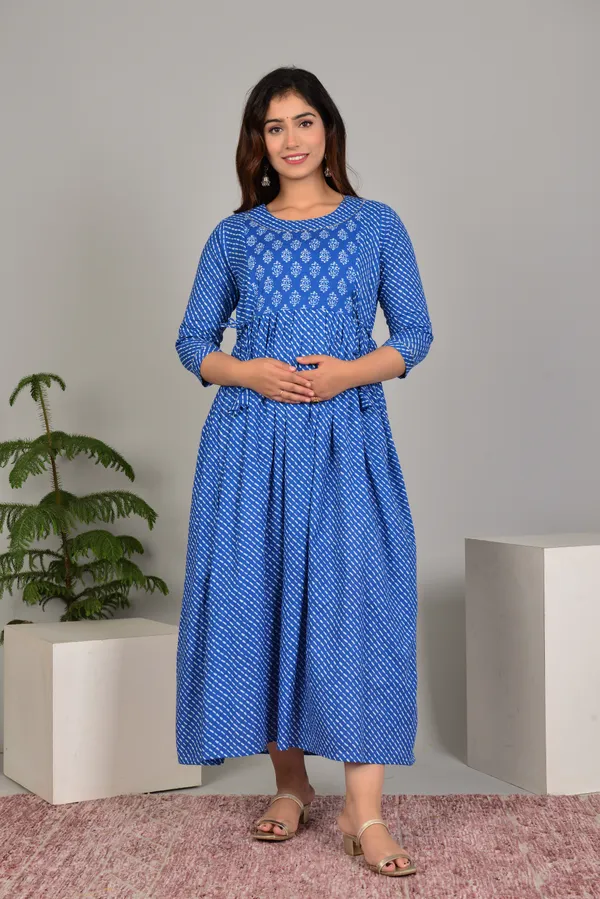 Blue_Maternity_and_Feeding_Gown_for_women_|_Pure_Cotton_Sanganeri_Print_Gown