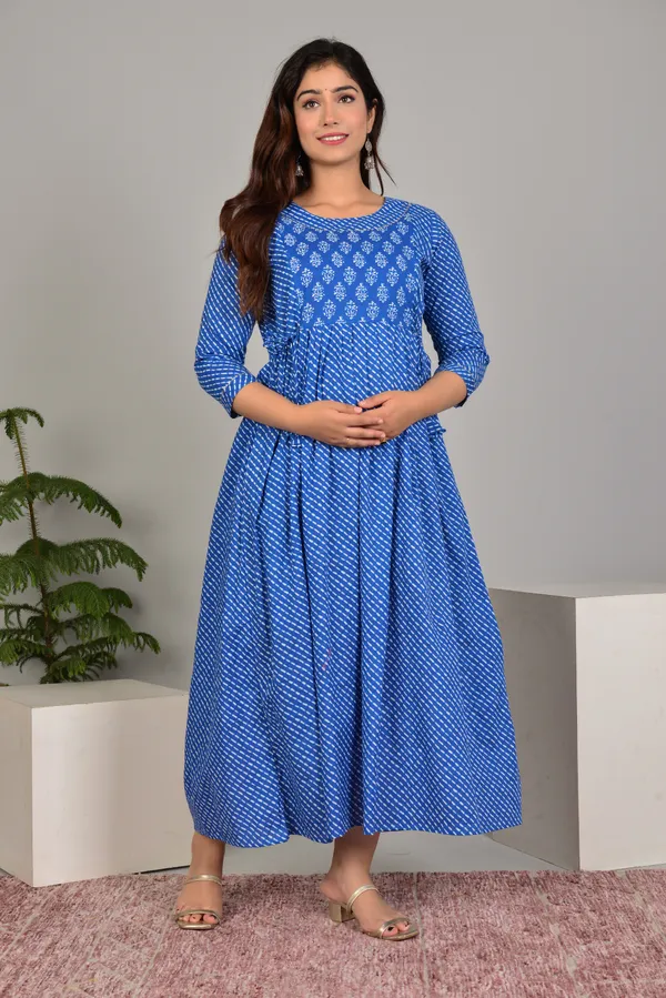 Blue_Maternity_and_Feeding_Gown_for_women_|_Pure_Cotton_Sanganeri_Print_Gown