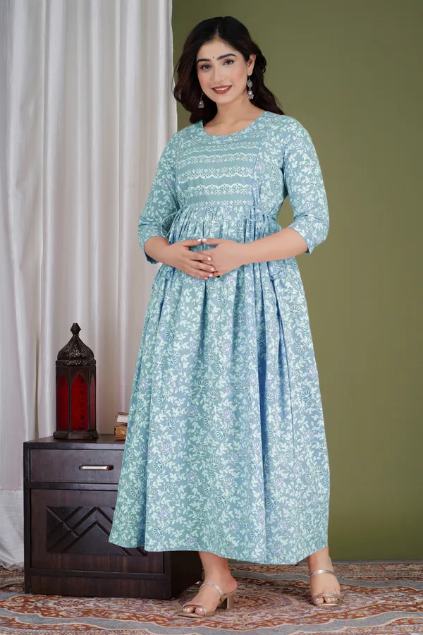 Blue_Maternity_and_Feeding_Gown_for_women_|_Pure_Cotton_Sanganeri_Print_Gown
