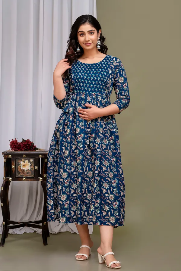 Blue_Maternity_and_Feeding_Gown_for_women_|_Pure_Cotton_Sanganeri_Print_Gown