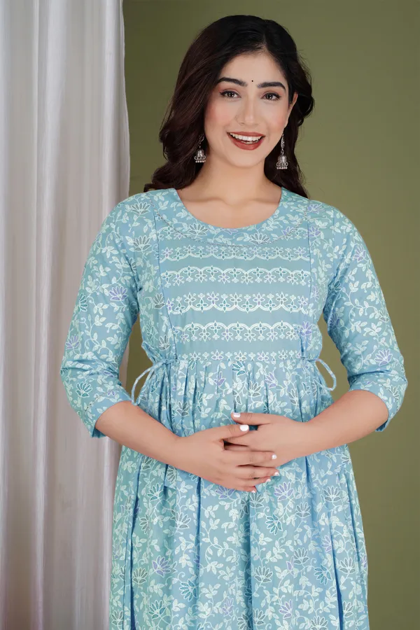 Blue_Maternity_and_Feeding_Gown_for_women_|_Pure_Cotton_Sanganeri_Print_Gown