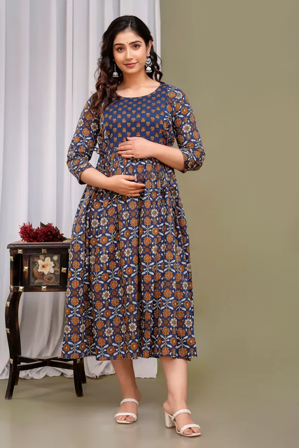Blue_Maternity_and_Feeding_Gown_for_women_|_Pure_Cotton_Sanganeri_Print_Gown