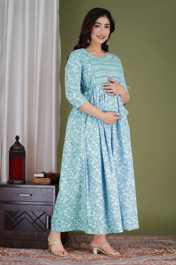 Blue_Maternity_and_Feeding_Gown_for_women_|_Pure_Cotton_Sanganeri_Print_Gown
