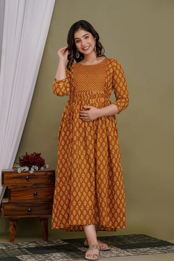 Brown_Maternity_and_Feeding_Gown_for_women_|_Pure_Cotton_Sanganeri_Print_Gown