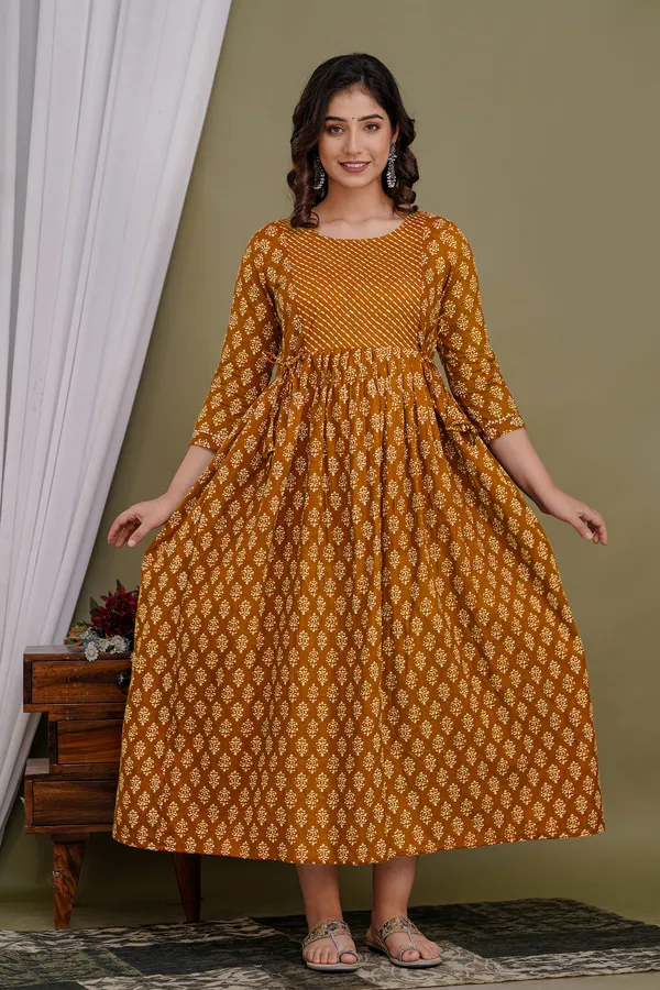Brown_Maternity_and_Feeding_Gown_for_women_|_Pure_Cotton_Sanganeri_Print_Gown