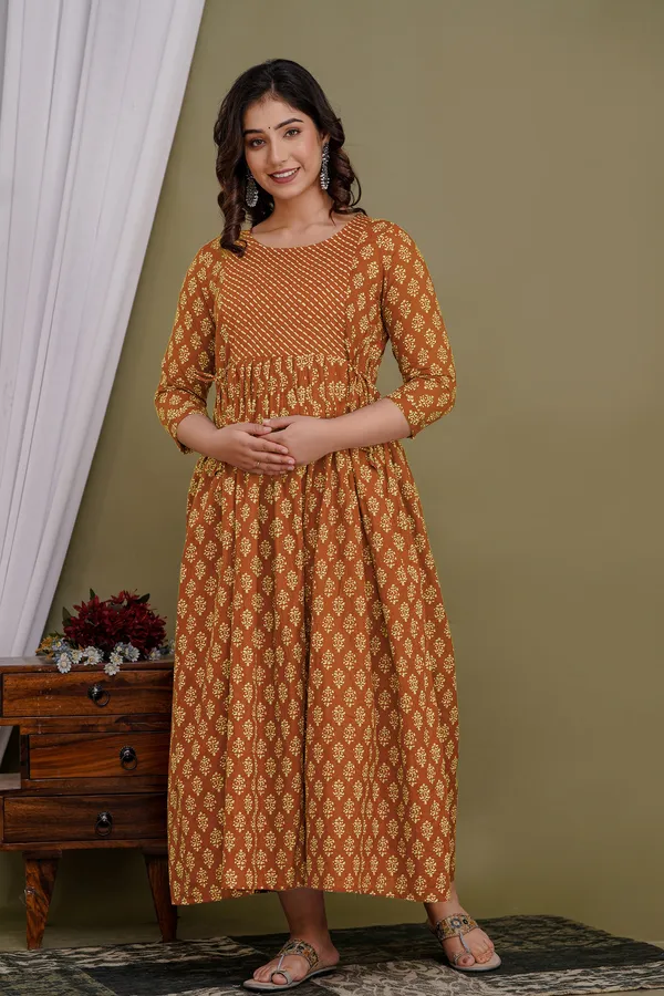 Brown_Maternity_and_Feeding_Gown_for_women_|_Pure_Cotton_Sanganeri_Print_Gown