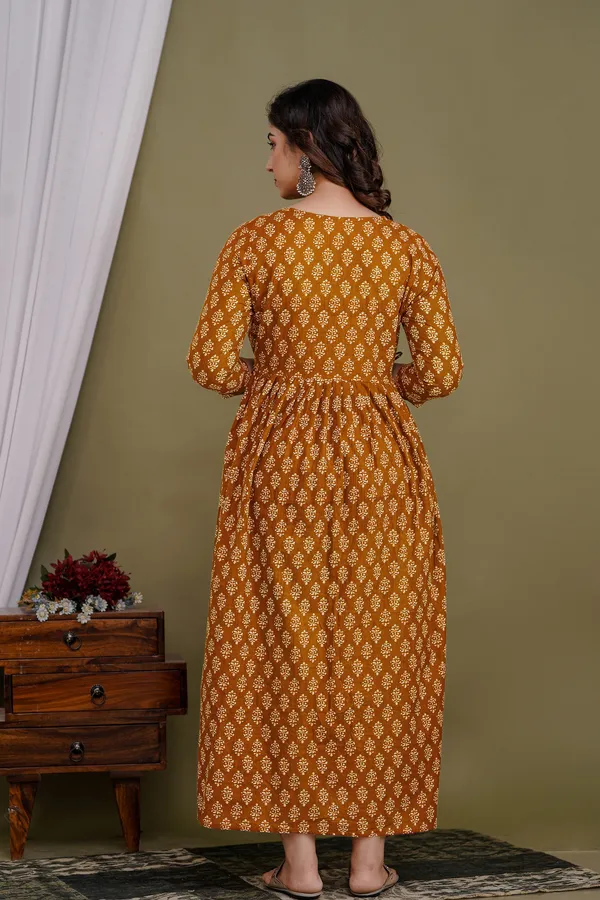 Brown_Maternity_and_Feeding_Gown_for_women_|_Pure_Cotton_Sanganeri_Print_Gown